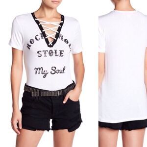 Rock & Roll Stole My Soul Lace Up T Shirt Sz L NWT